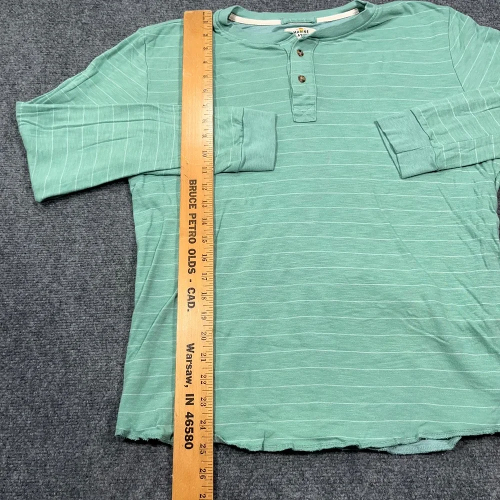 Marine Layer Striped Henley Shirt Mens Large Long Sleeve Raw Hem Green Coastal